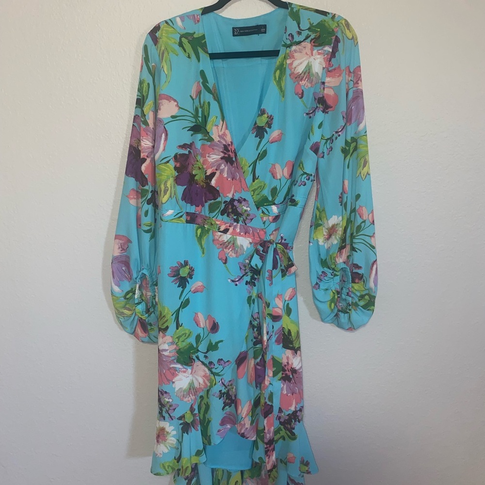 New York and company L teal/ turquoise, floral, wrap, maxi dress